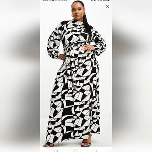 ASOS Curve Black and White Geometric Long Sleeve Dress
